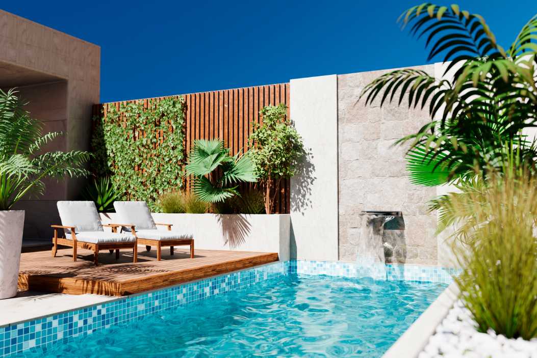 an enclosed swimming pool with a dolphin image on the bottom at a villa in Saudi Arabia